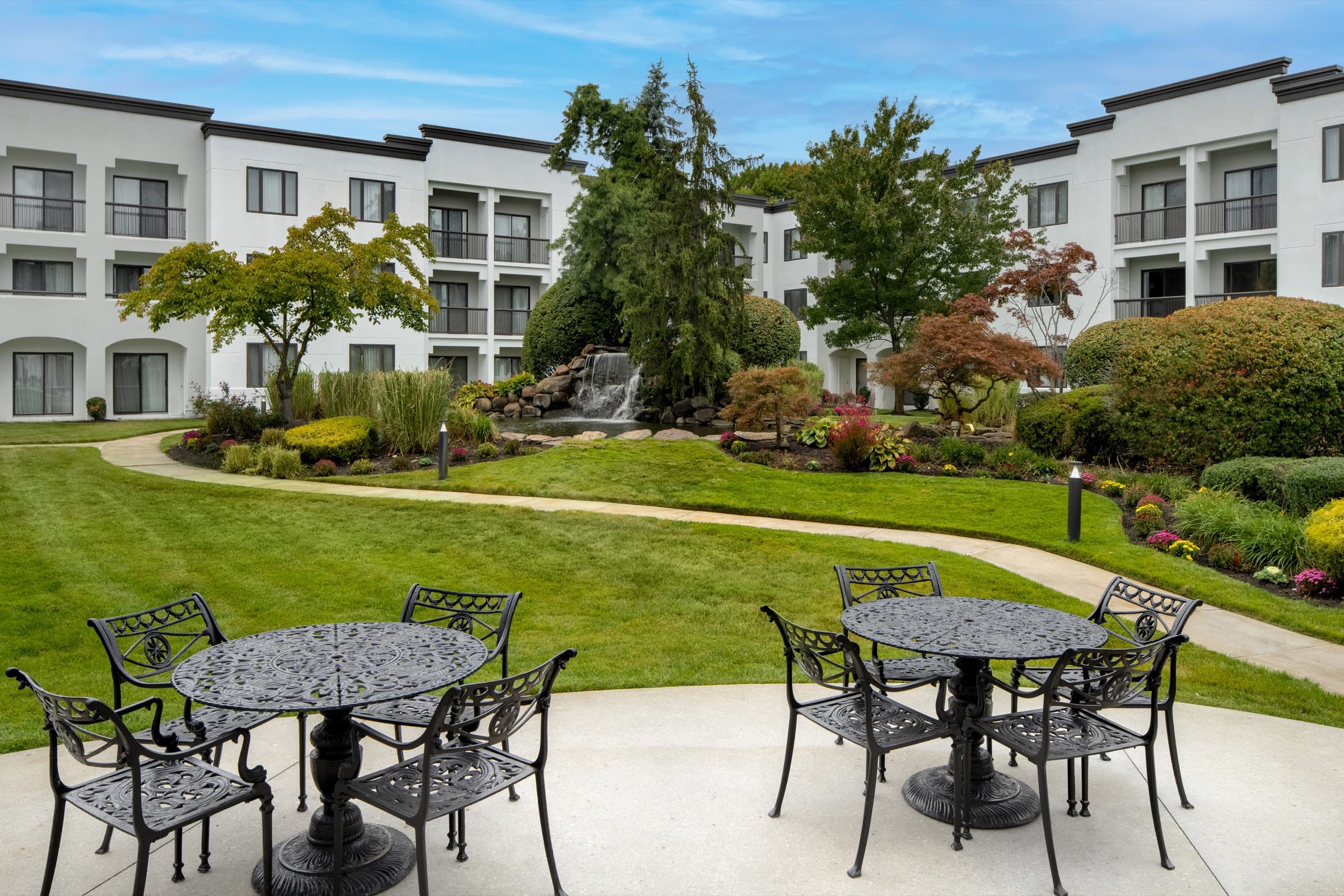 Falls courtyard with waterfall and gardens